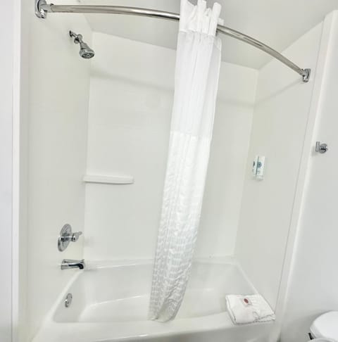 Combined shower/tub, deep soaking tub, free toiletries, hair dryer