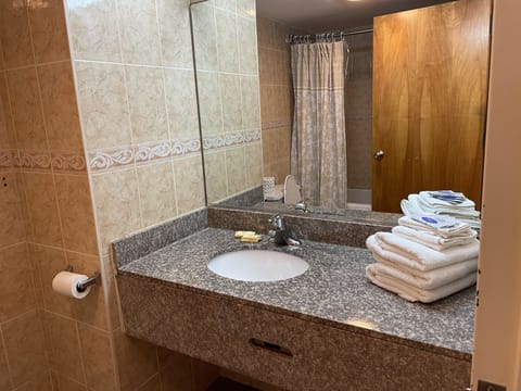 Combined shower/tub, free toiletries, hair dryer, towels