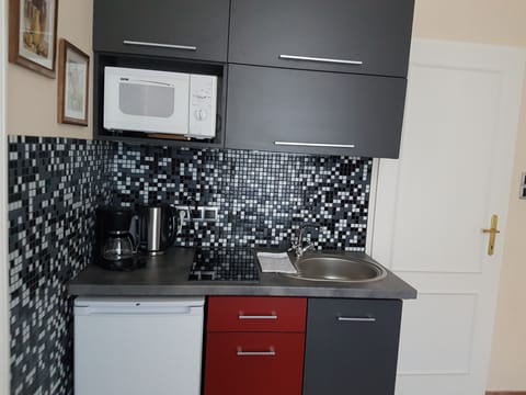 Fridge, microwave, stovetop, coffee/tea maker