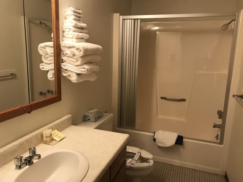 Combined shower/tub, free toiletries, towels