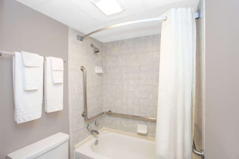 Combined shower/tub, free toiletries, hair dryer, towels