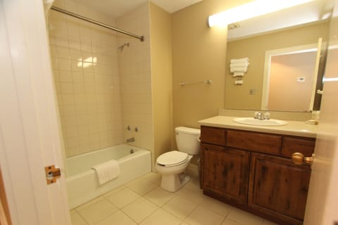 Combined shower/tub, hair dryer, towels, soap