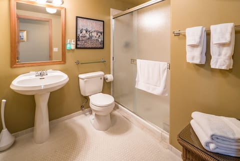 Room 1 with King Bed and Jetted Tub | Bathroom | Shower, hair dryer, bathrobes, towels