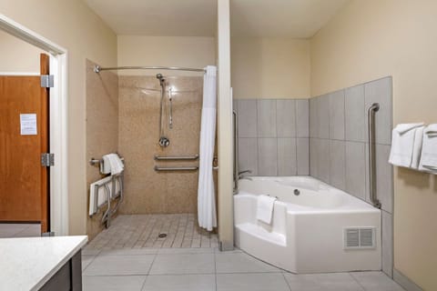 Combined shower/tub, free toiletries, hair dryer, towels