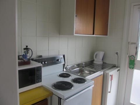 Fridge, microwave, stovetop, electric kettle