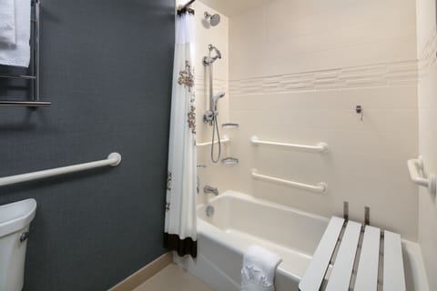 Rainfall showerhead, hair dryer, towels