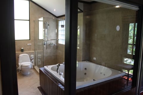 Deluxe Jacuzzi Villa | Bathroom | Shower, rainfall showerhead, hair dryer, bathrobes