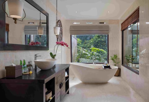 Premiere Pool Villa | Bathroom | Separate tub and shower, deep soaking tub, rainfall showerhead