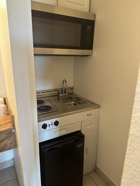 Fridge, microwave, stovetop, dining tables