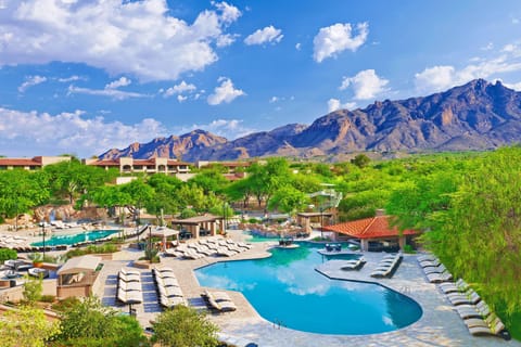 3 outdoor pools, open 10:00 AM to 6:00 PM, free cabanas, pool umbrellas