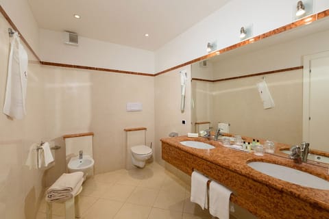 Combined shower/tub, free toiletries, hair dryer, bathrobes