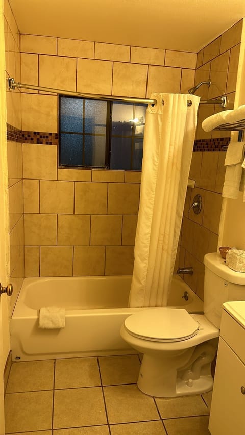 Combined shower/tub, free toiletries, towels