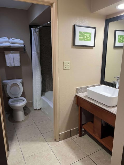 Combined shower/tub, free toiletries, hair dryer, towels