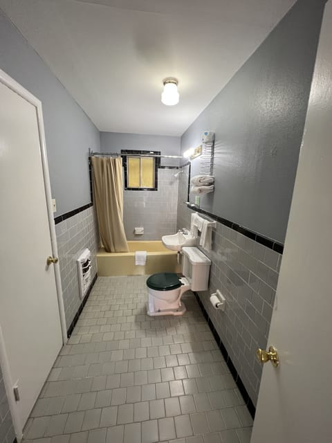 Combined shower/tub, free toiletries, towels