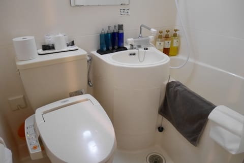 Combined shower/tub, deep soaking tub, free toiletries, hair dryer