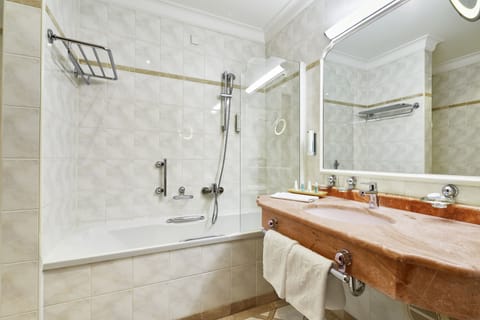 Hair dryer, bathrobes, towels, soap