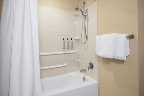 Combined shower/tub, free toiletries, hair dryer, towels