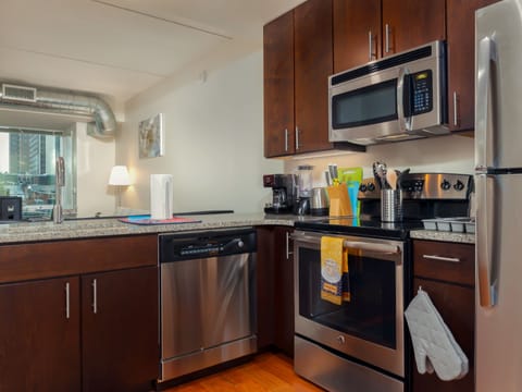 Deluxe Apartment, 2 Bedrooms, Accessible, City View | Private kitchen | Fridge, microwave, oven, stovetop