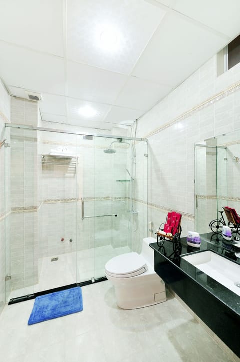 Shower, hydromassage showerhead, free toiletries, hair dryer