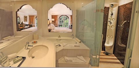 Separate tub and shower, deep soaking tub, hydromassage showerhead