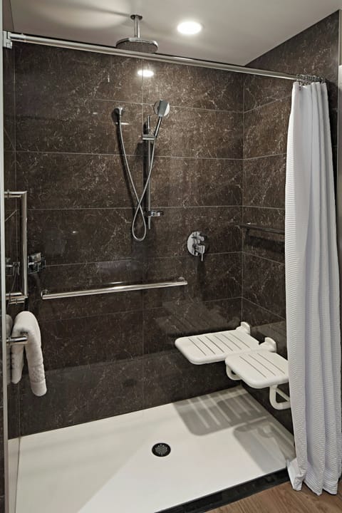 Rainfall showerhead, hair dryer, towels