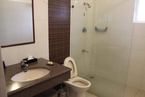 Combined shower/tub, rainfall showerhead, hair dryer, bathrobes