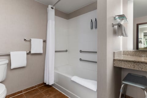 Combined shower/tub, free toiletries, hair dryer, towels