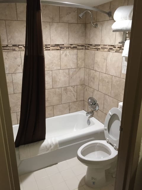 Combined shower/tub, free toiletries, hair dryer, towels