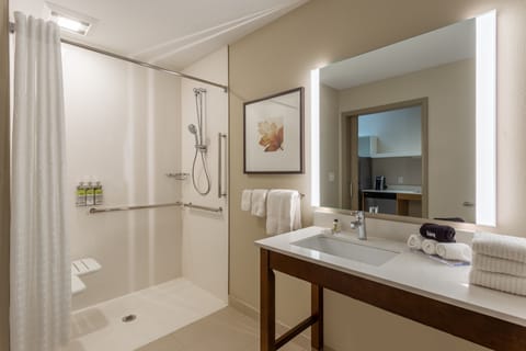 Studio Suite, 1 Queen Bed, Accessible (Roll-In Shower) | Bathroom | Free toiletries, hair dryer, towels, soap