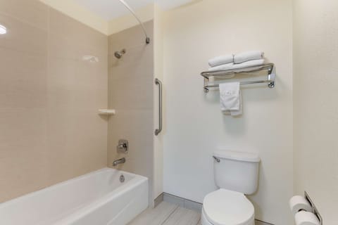 Combined shower/tub, free toiletries, hair dryer, towels