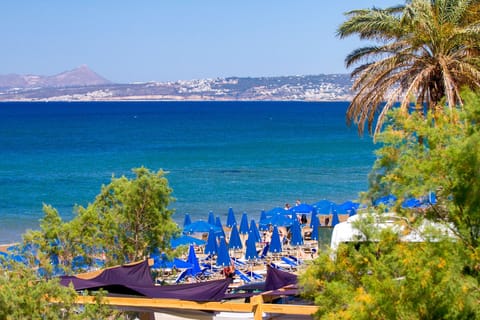 On the beach, sun loungers, beach umbrellas