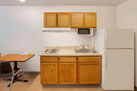 Full-size fridge, microwave, stovetop, freezer