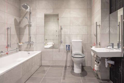 Room, 1 King Bed, Accessible | Bathroom | Combined shower/tub, free toiletries, hair dryer, towels