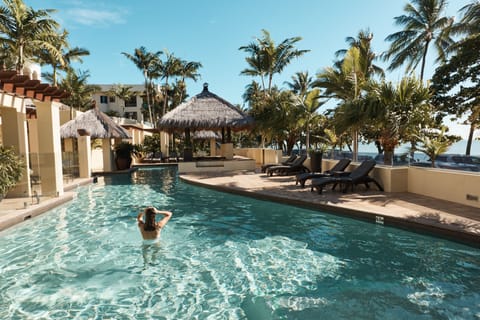 Outdoor pool, pool umbrellas, sun loungers