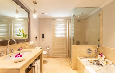 Separate tub and shower, designer toiletries, hair dryer, bathrobes