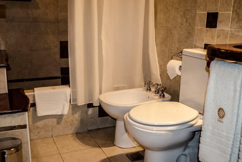 Combined shower/tub, free toiletries, hair dryer, bidet