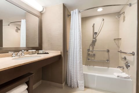 Combined shower/tub, free toiletries, hair dryer, towels