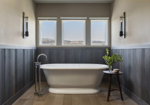 Shower, rainfall showerhead, designer toiletries, bathrobes