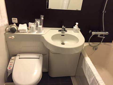 Combined shower/tub, free toiletries, hair dryer, slippers