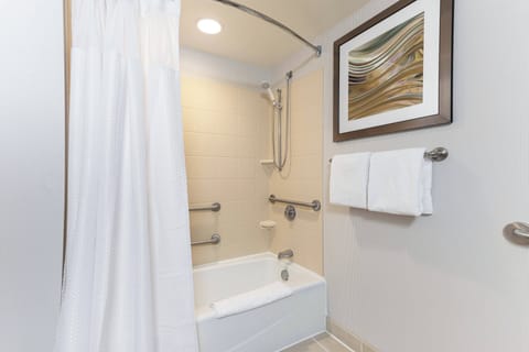 Combined shower/tub, hair dryer, towels