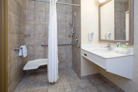 Combined shower/tub, hair dryer, towels, soap