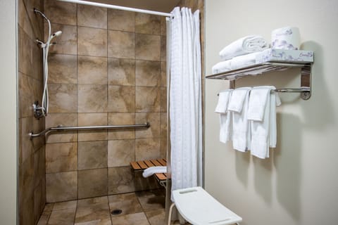 Studio Suite, 1 Queen Bed, Accessible (Hearing, Roll-In Shower) | Bathroom | Shower, hair dryer, towels