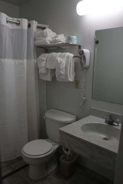 Combined shower/tub, rainfall showerhead, free toiletries, towels
