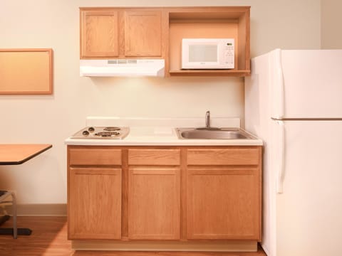 Full-size fridge, microwave, stovetop, freezer