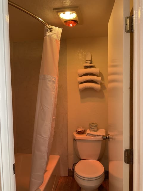 Combined shower/tub, free toiletries, towels