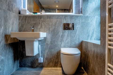 Shower, hair dryer, slippers, towels