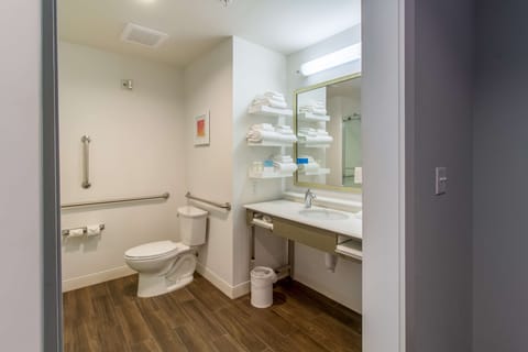 Room, 1 King Bed, Accessible (Shower) | Bathroom | Combined shower/tub, hair dryer, towels