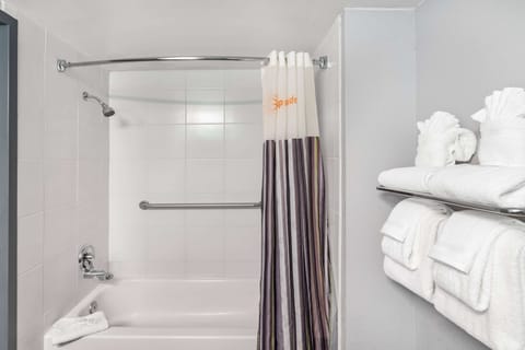 Combined shower/tub, free toiletries, hair dryer, towels