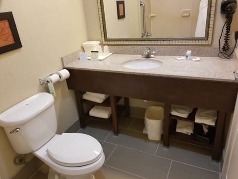 Combined shower/tub, free toiletries, hair dryer, towels