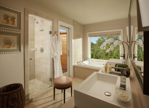 Designer toiletries, hair dryer, bathrobes, slippers